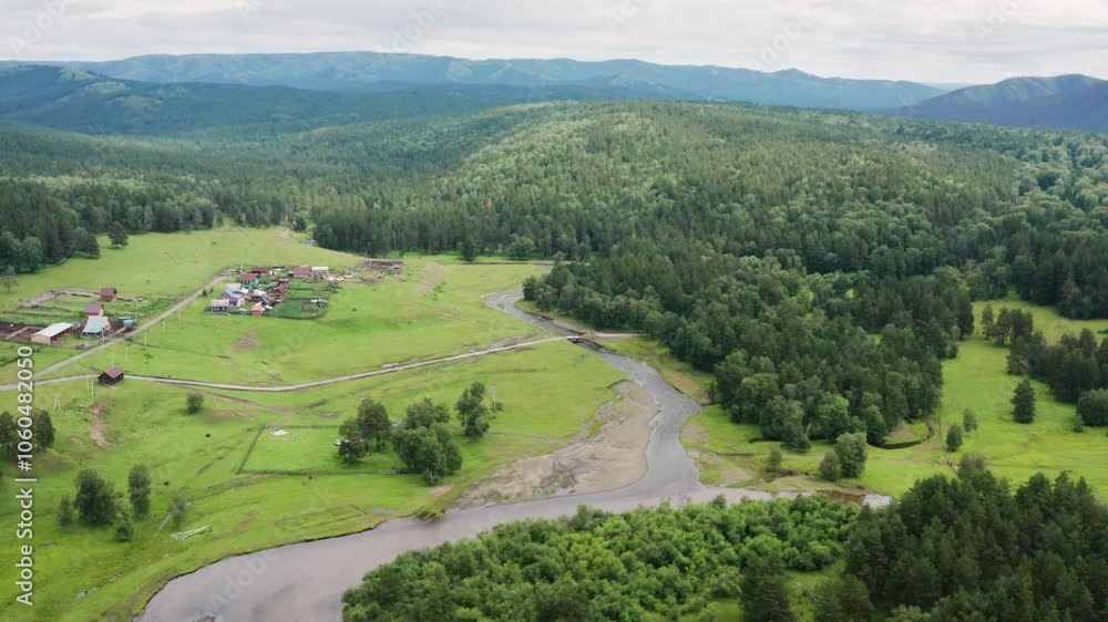Southern Urals, the central estate of the Bashkir State Nature Reserve - Sargaya village. Aerial view. Southern Urals, the central estate of the Bashkir State Nature Reserve - Sargaya village. Aerial view.