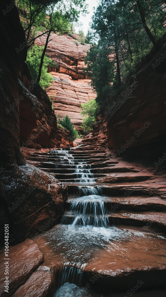 Cascades stepping down rock layers toward a stream, wallpaper Cascades stepping down rock layers toward a stream, wallpaper