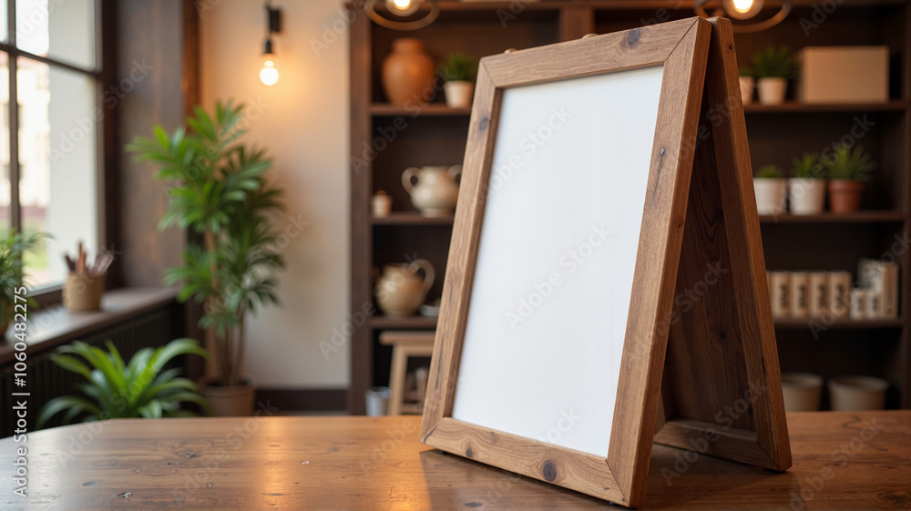 Wooden frame table banner mockup in cozy cafe setting Wooden frame table banner mockup in cozy cafe setting