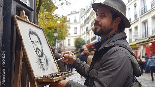 Capturing creativity a street artist sketching portraits amid the vibrant atmosphere of montmartre paris photo