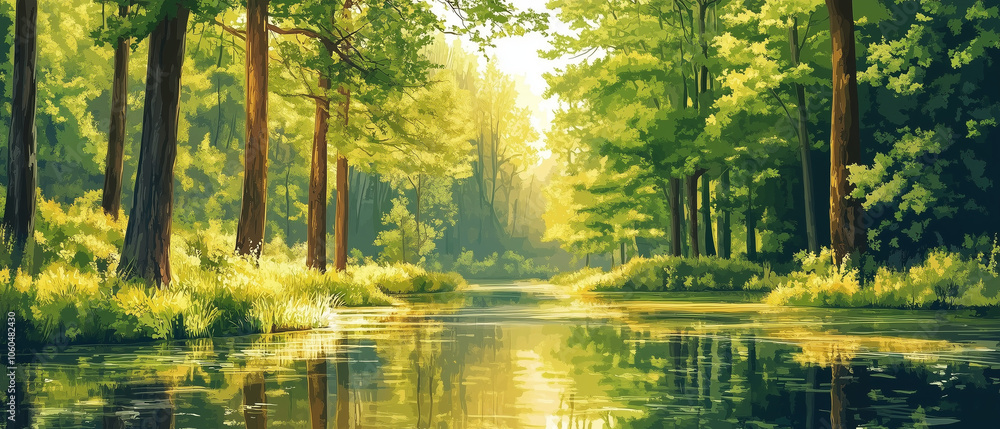 Illustration vectorielle de forêt automnale en digital art pour écran panoramique Illustration vectorielle de forêt automnale en digital art pour écran panoramique