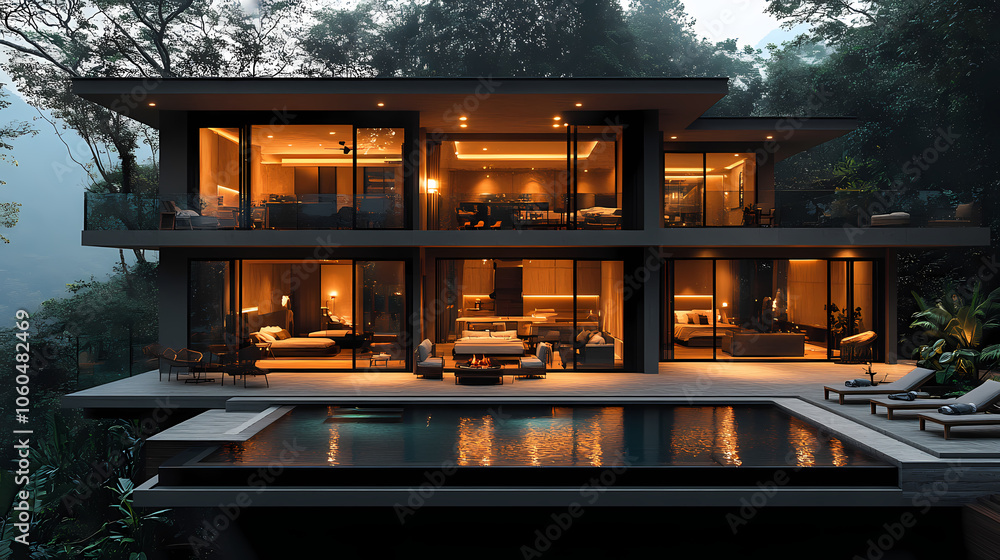 Modern private villa building, simple lines, concrete and wood are the materials that make up the main body, huge floor-to-ceiling glass windows. Modern private villa building, simple lines, concrete and wood are the materials that make up the main body, huge floor-to-ceiling glass windows.
