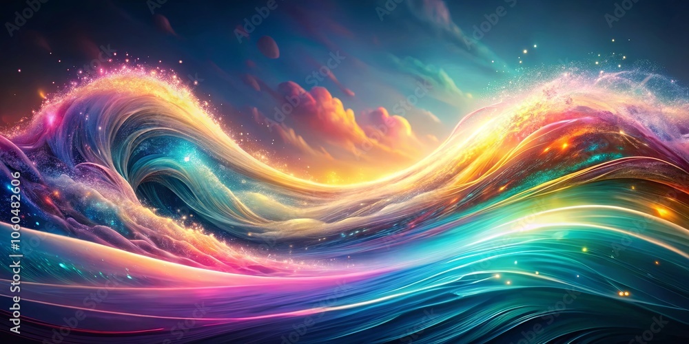 Fototapeta premium A cosmic wave of vibrant colors dancing in a celestial canvas, adorned with shimmering stardust and ethereal glow.