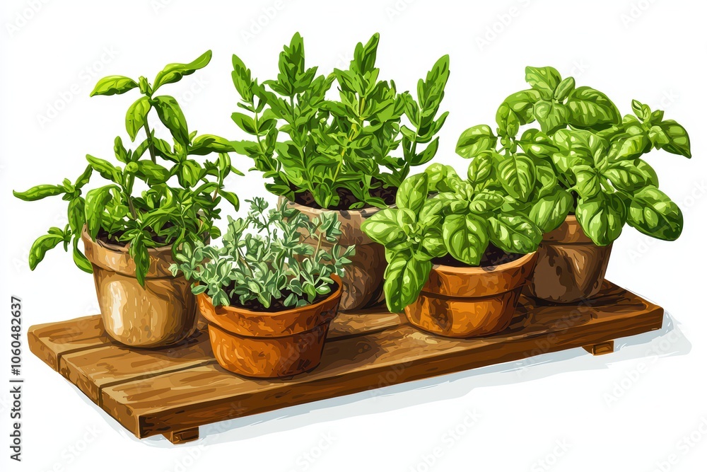A collection of herb plants in pots arranged on a wooden tray, vibrant green leaves, white isolate background. A collection of herb plants in pots arranged on a wooden tray, vibrant green leaves, white isolate background.