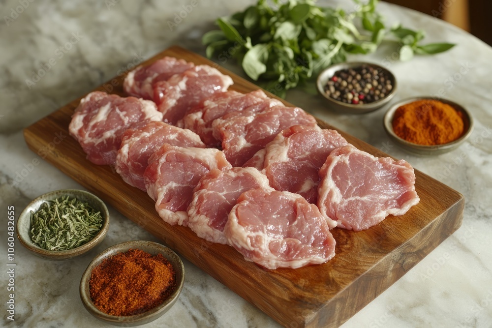 Fresh Meat Cuts on Wooden Board with Spices Fresh Meat Cuts on Wooden Board with Spices