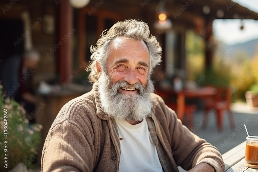 Portrait of a happy senior man sitting in a cafe, outdoors Portrait of a happy senior man sitting in a cafe, outdoors