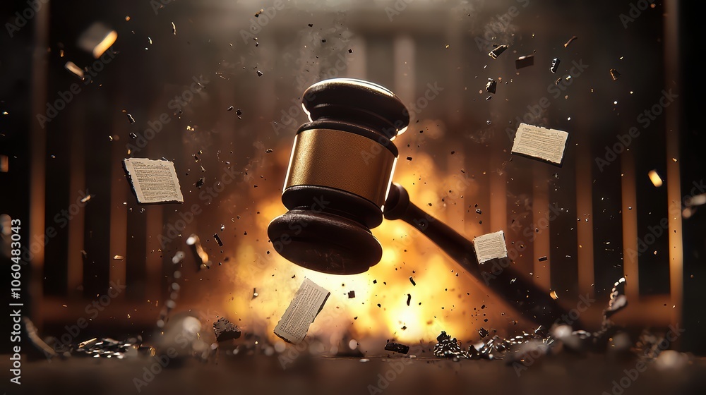 © JK_kyoto - A gavel striking down amidst flying debris, symbolizing justice and the power of law. © JK_kyoto - A gavel striking down amidst flying debris, symbolizing justice and the power of law.