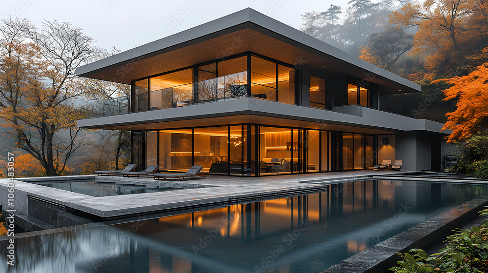 Fototapeta premium Modern private villa building, simple lines, concrete and wood are the materials that make up the main body, huge floor-to-ceiling glass windows.