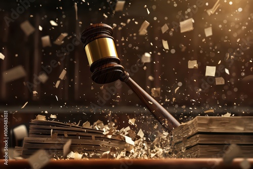 A gavel striking a block, symbolizing justice and law, with pieces flying in a courtroom setting. photo