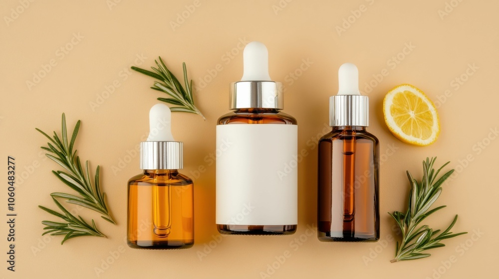 Three bottles of essential oils are displayed on a table with a lemon. The idea of healthy, natural and wellness. Three bottles of essential oils are displayed on a table with a lemon. The idea of healthy, natural and wellness.