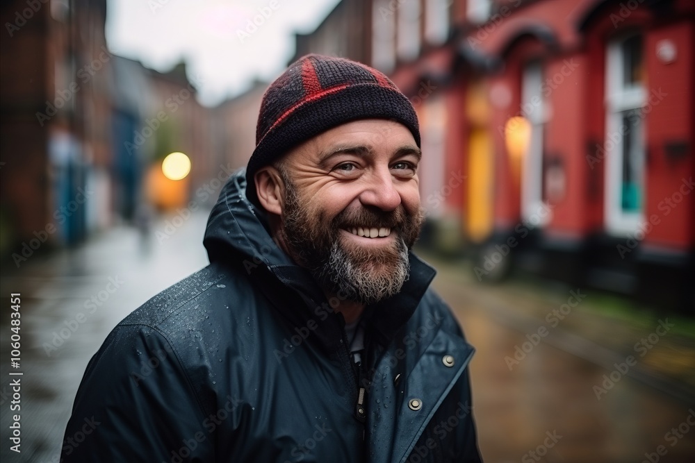 Portrait of a handsome bearded man in a raincoat and hat on the street Portrait of a handsome bearded man in a raincoat and hat on the street