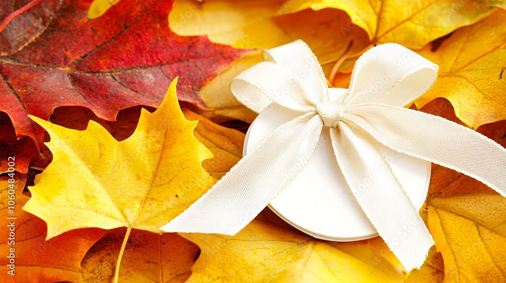 Fototapeta premium Elegant thanksgiving decor featuring delicate white bow on warm autumn leaves in vibrant fall colors for festive celebrations