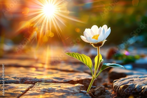 A small white flower is growing in the dirt next to a rock