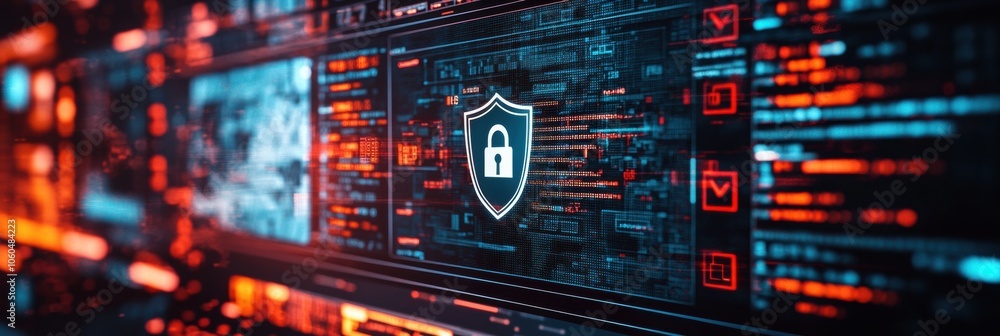 Obraz premium A shield and lock icon on a computer screen signals the importance of internet security amidst digital information. Generative AI