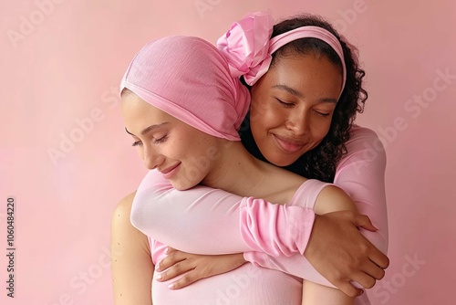 Two women hug each other, one wearing a pink scarf. Concept of awareness and support for day World Cancer