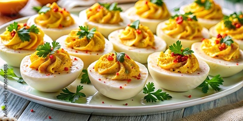 A Platter of Delicately Filled Deviled Eggs, Garnished with Parsley and Red Pepper Flakes, on a Rustic Wooden Table