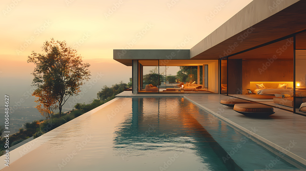 Fototapeta premium Modern private villa building, simple lines, concrete and wood are the materials that make up the main body, huge floor-to-ceiling glass windows.