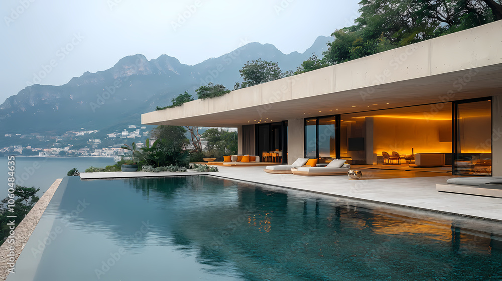 Modern private villa building, simple lines, concrete and wood are the materials that make up the main body, huge floor-to-ceiling glass windows. Modern private villa building, simple lines, concrete and wood are the materials that make up the main body, huge floor-to-ceiling glass windows.