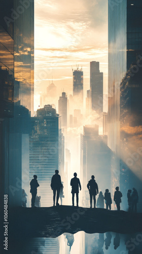Silhouette of people exploring futuristic cityscape with skyscrapers and mist. scene captures sense of adventure and wonder in urban environment