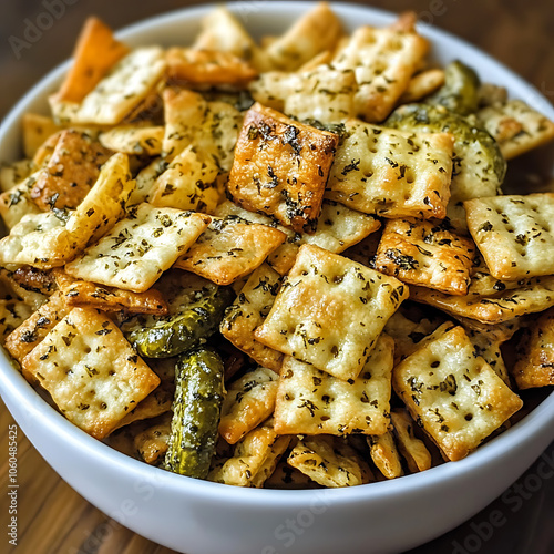 Crunchy snack mix featuring seasoned crackers and pretzel sticks in white bowl, perfect for parties or casual gatherings photo