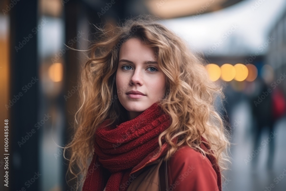 Beautiful young woman with long curly hair, wearing red scarf and coat. Beautiful young woman with long curly hair, wearing red scarf and coat.