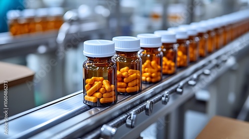 Line of brown and orange pill bottles