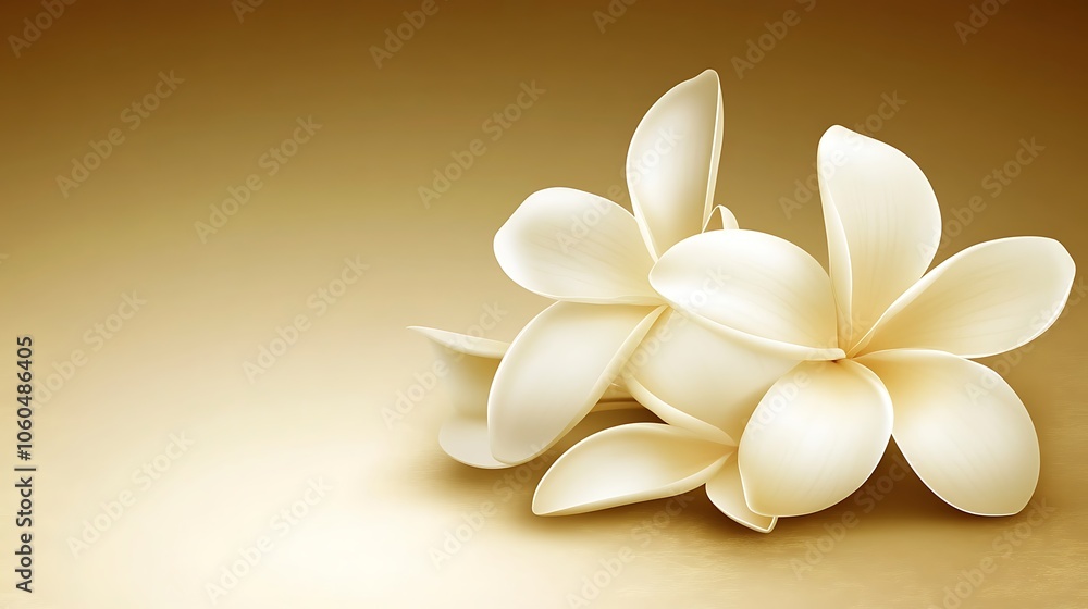 Fototapeta premium White Plumeria Flowers on Gold Background Subtle Blur Background with Space for Custom Text