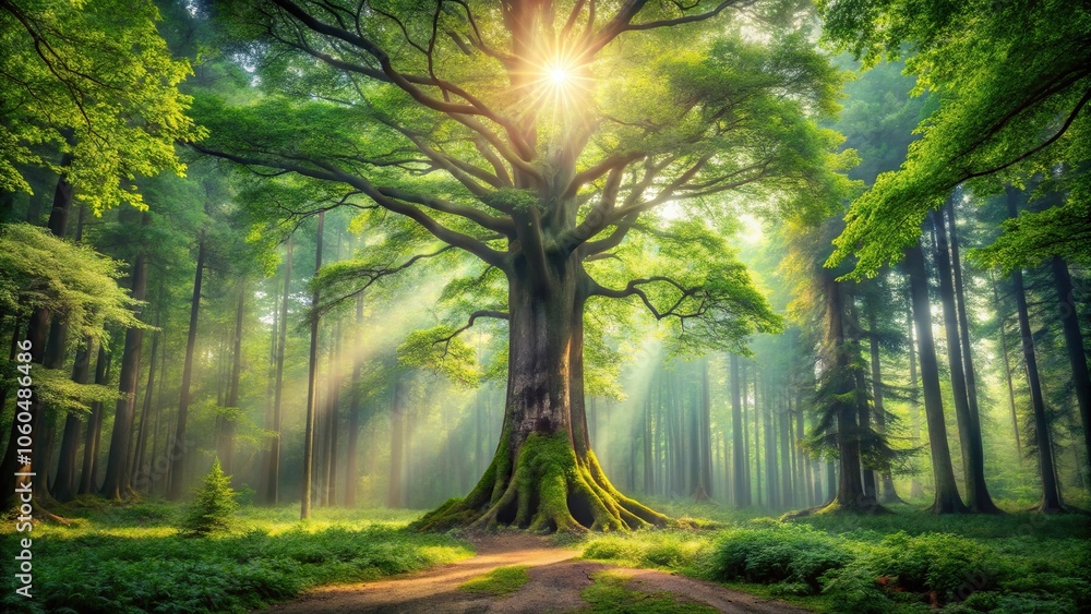 A serene forest landscape featuring a towering tree at its center, symbolizing the foundation of life, nature, serenity, peacefulness, forest A serene forest landscape featuring a towering tree at its center, symbolizing the foundation of life, nature, serenity, peacefulness, forest