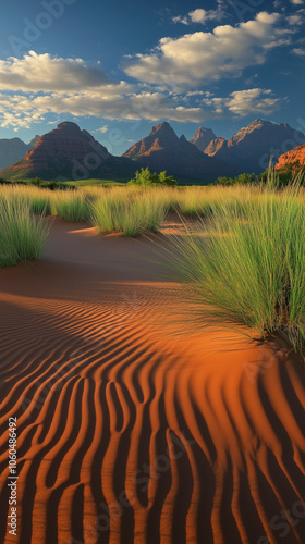 Desert sand dunes encroaching upon remnants of grassland near mountains, wallpaper photo