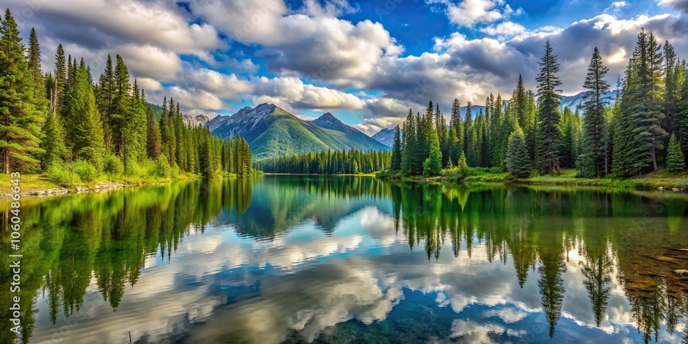 Fototapeta premium A serene mountain lake surrounded by tall evergreen trees and a few wispy clouds in the sky, forest, water reflection, outdoor landscape