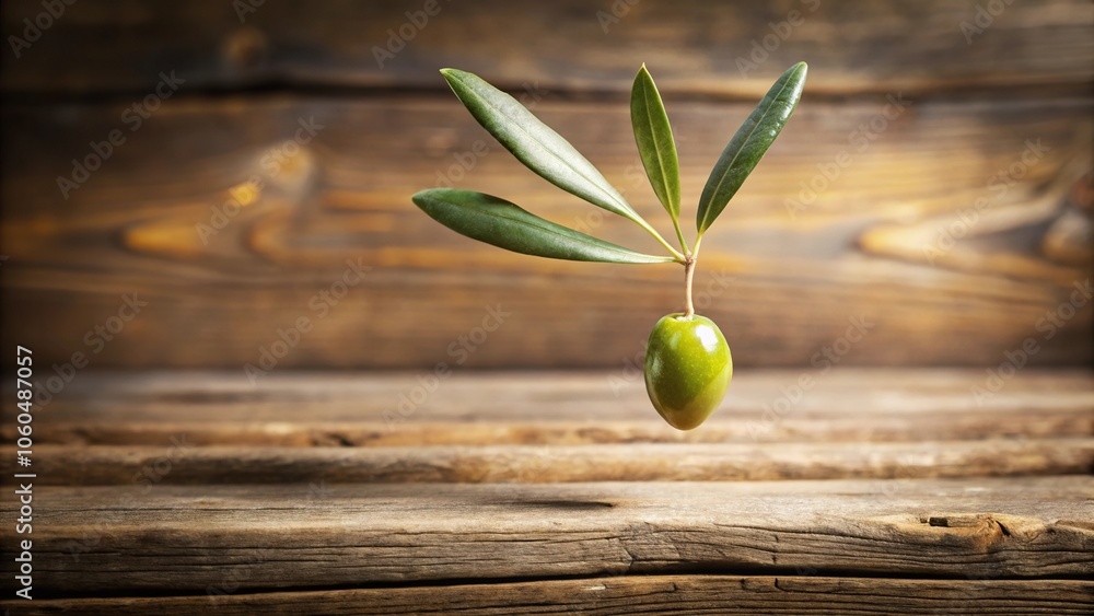 Fototapeta premium A single olive falling from a branch onto a wooden surface with a subtle texture background, rustic, forest floor