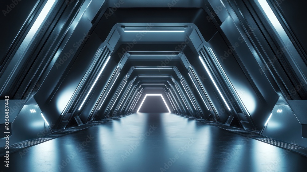 Naklejka premium a sci-fi tunnel featuring sharp triangular shapes, designed with smooth, glossy surfaces that shimmer under strategic lighting.