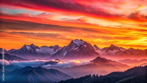 A stunning mountain range at sunrise with hues of pink and orange, colors, dawn, natural beauty, light effects