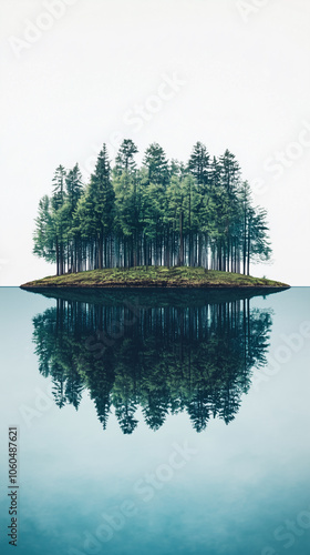 Island rises from water toward tree line, wallpaper photo