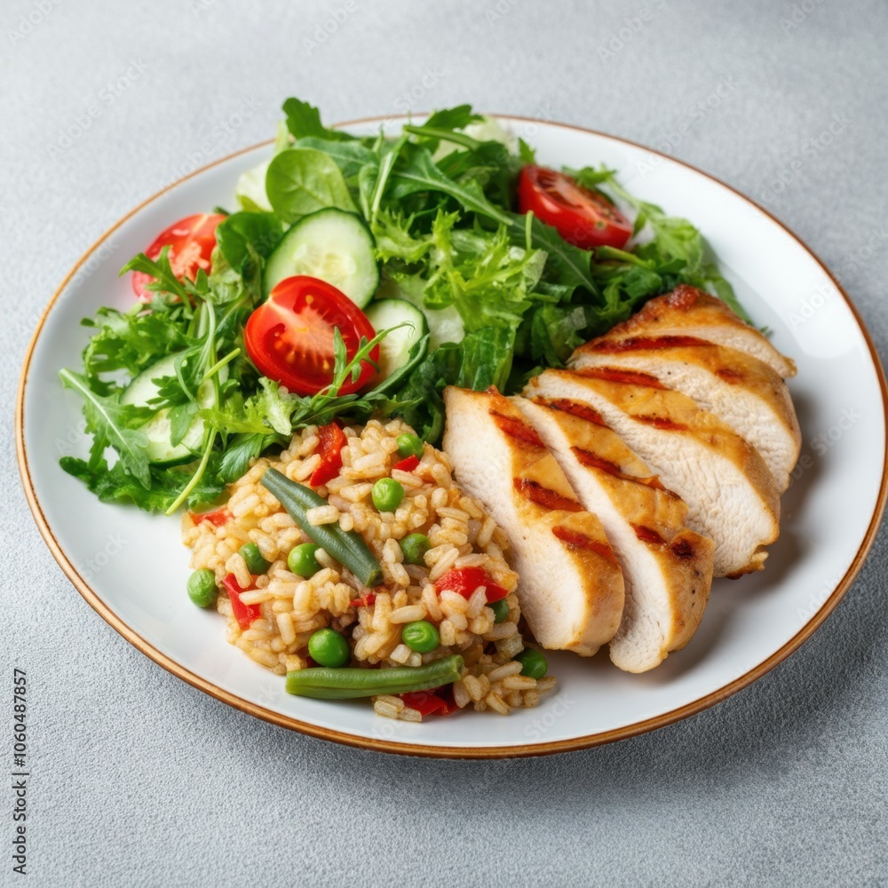 A plate with a dish showing sliced grilled chicken, rice pilaf with vegetables and salad with leafy greens, sliced tomatoes and cucumbers. A plate with a dish showing sliced grilled chicken, rice pilaf with vegetables and salad with leafy greens, sliced tomatoes and cucumbers.