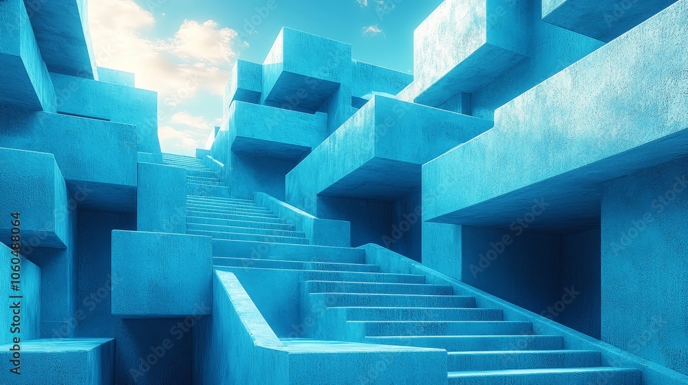 A surreal landscape of blue geometric structures and staircases under a bright sky. A surreal landscape of blue geometric structures and staircases under a bright sky.