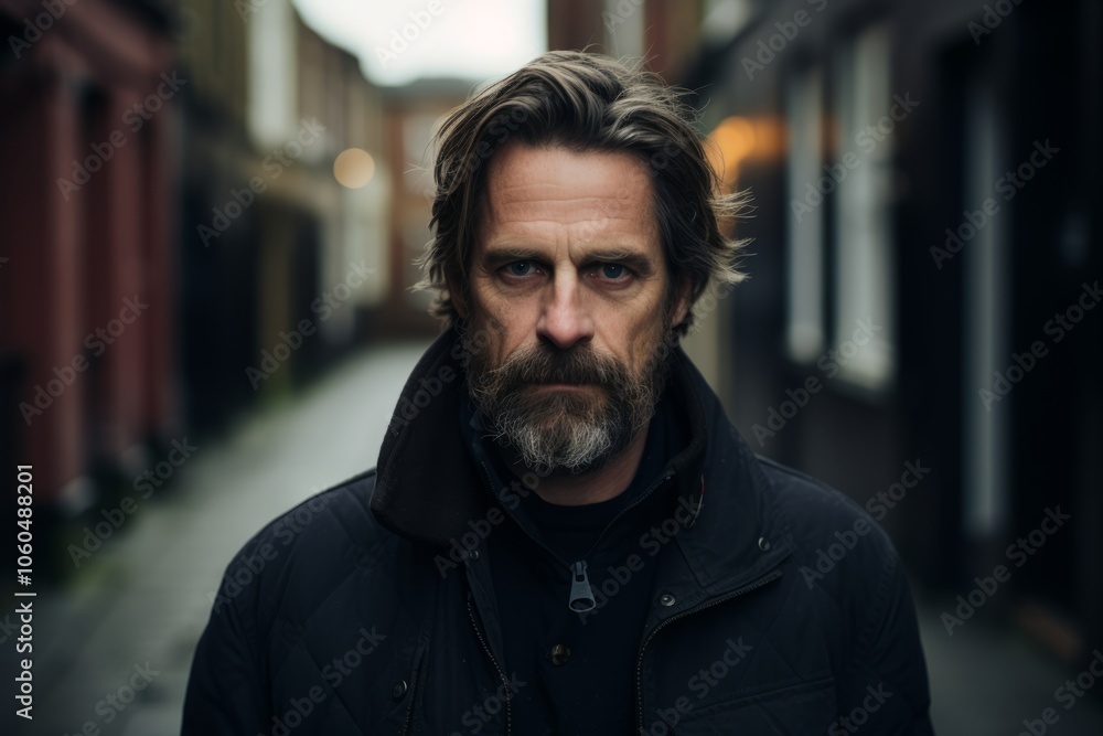 Portrait of a bearded man in a black jacket in the city Portrait of a bearded man in a black jacket in the city