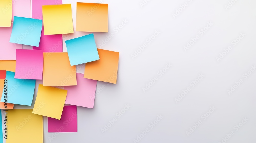 Colorful sticky notes arranged creatively on a white background, perfect for reminders and organization. Colorful sticky notes arranged creatively on a white background, perfect for reminders and organization.
