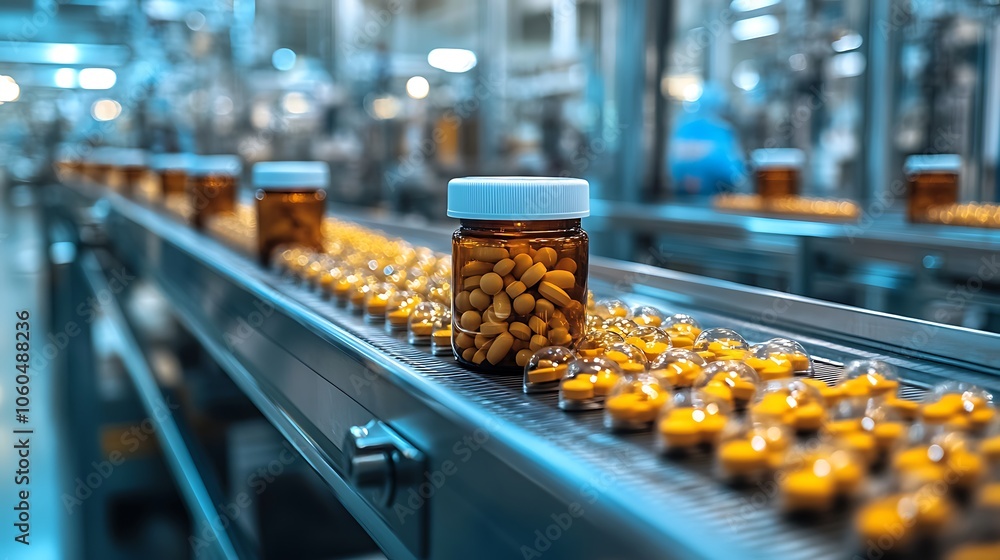 Line of brown and orange pill bottles Line of brown and orange pill bottles