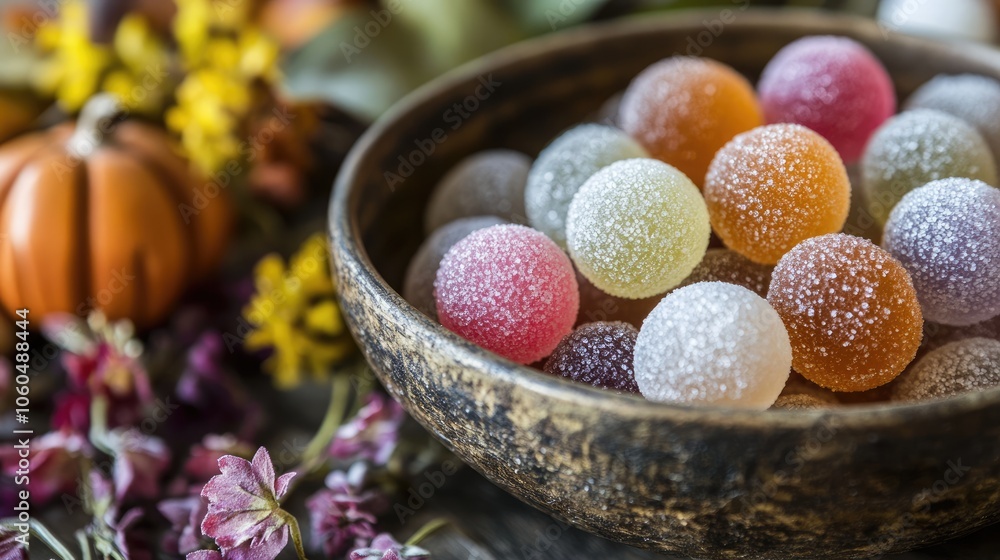 Colorful Candy in Wooden Bowl with Flowers and Decor Colorful Candy in Wooden Bowl with Flowers and Decor