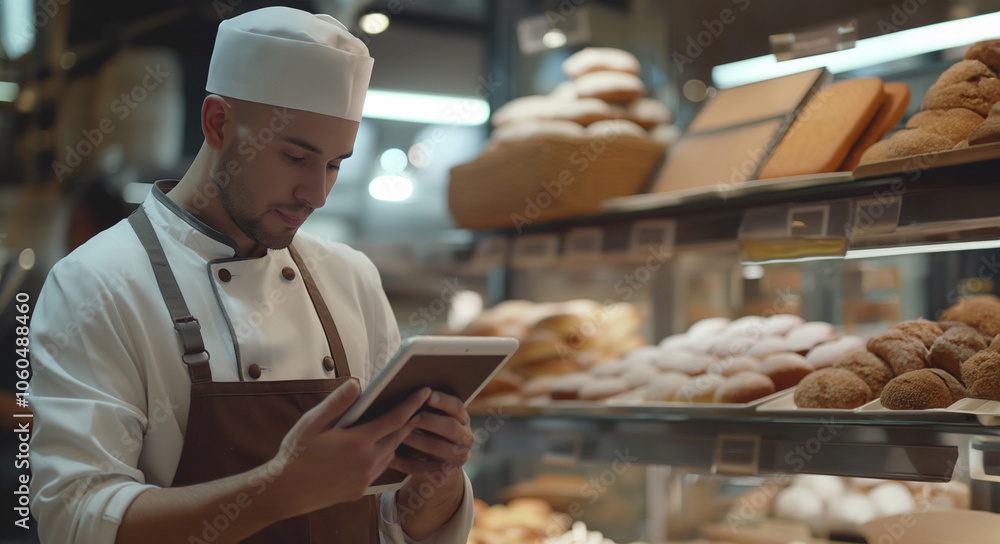 Baker in a rustic kitchen holding a tablet, checking recipes or managing orders Baker in a rustic kitchen holding a tablet, checking recipes or managing orders