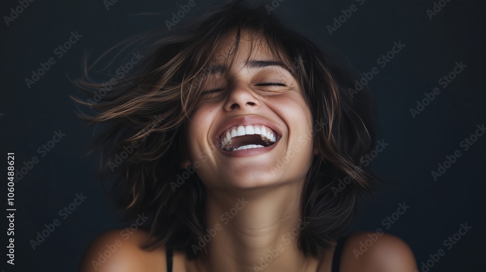 A Joyful Woman Laughing with Her Hair Flowing Freely in a Captivating Portrait Moment A Joyful Woman Laughing with Her Hair Flowing Freely in a Captivating Portrait Moment