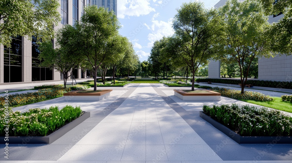 Fototapeta premium A modern urban landscape featuring a wide pedestrian pathway bordered by green trees and vibrant flower beds under a clear blue sky.
