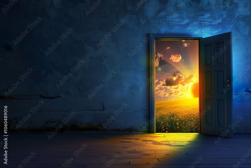 A door is open in a room with a field of flowers in the background A door is open in a room with a field of flowers in the background