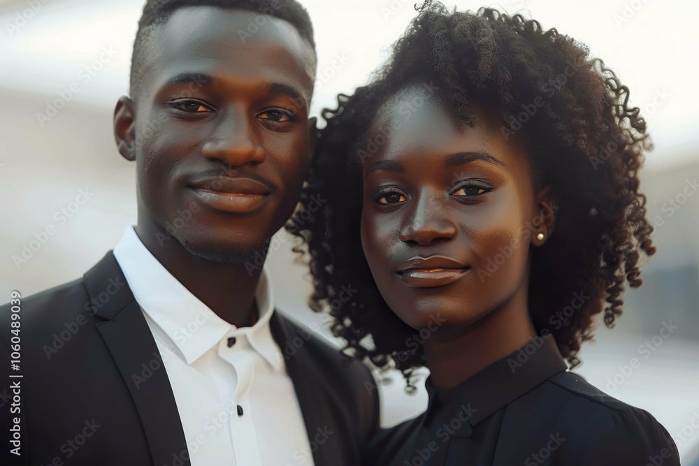 A man and a woman are posing for a picture A man and a woman are posing for a picture