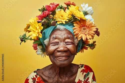 A woman wearing a flower headdress and a floral dress