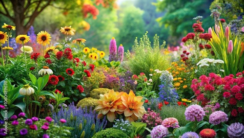 Fototapeta Naklejka Na Ścianę i Meble -  Colorful garden scene with a variety of flowers, foliage, and textures, colorful, vibrant, petals, flora