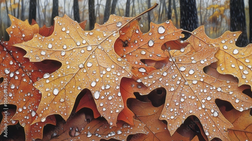 Close-up of autumn leaves soaked in morning dew, reflecting early sunlight, with a foggy forest in the background Close-up of autumn leaves soaked in morning dew, reflecting early sunlight, with a foggy forest in the background
