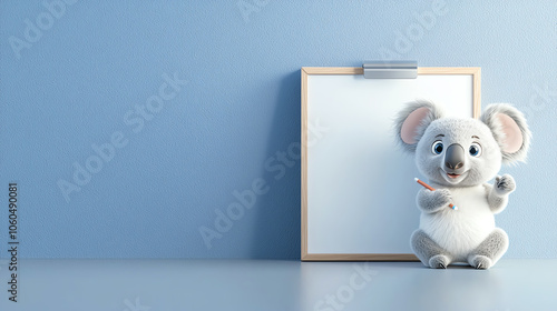 Small koala holding marker near white board, classroom feel, 3D illustration photo