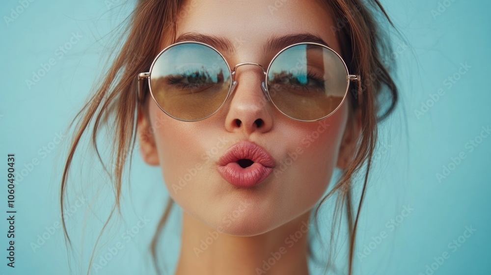 Young woman wearing stylish sunglasses poses against blue backdrop Young woman wearing stylish sunglasses poses against blue backdrop